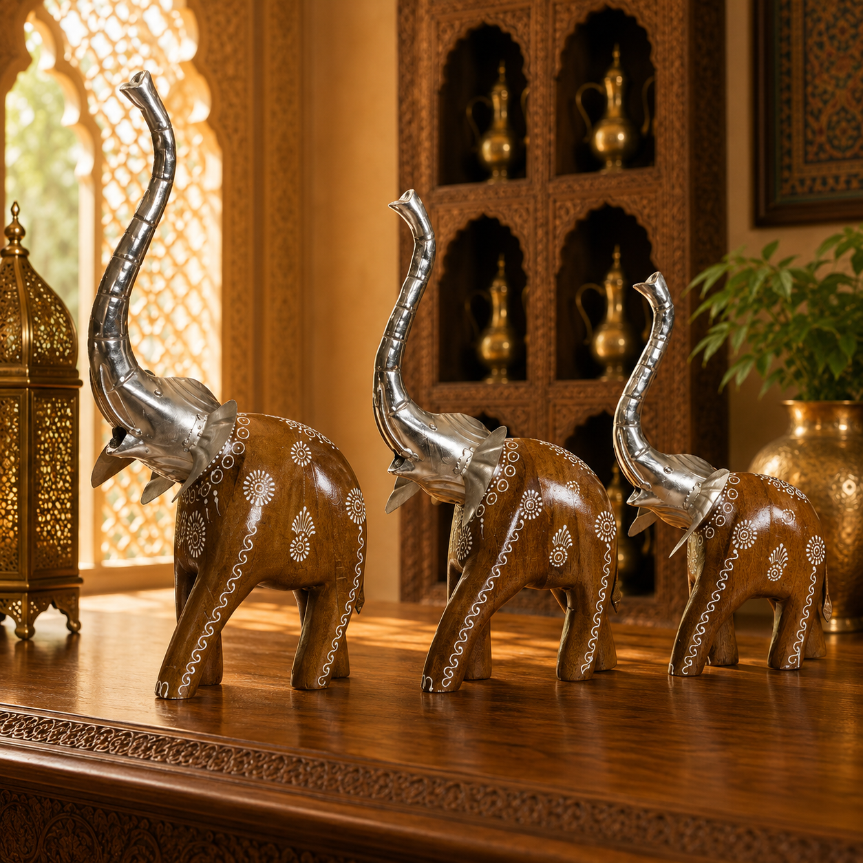 Decorative Handcrafted Elephant Figurine Set – Brown Natural  Hand Painted Finish