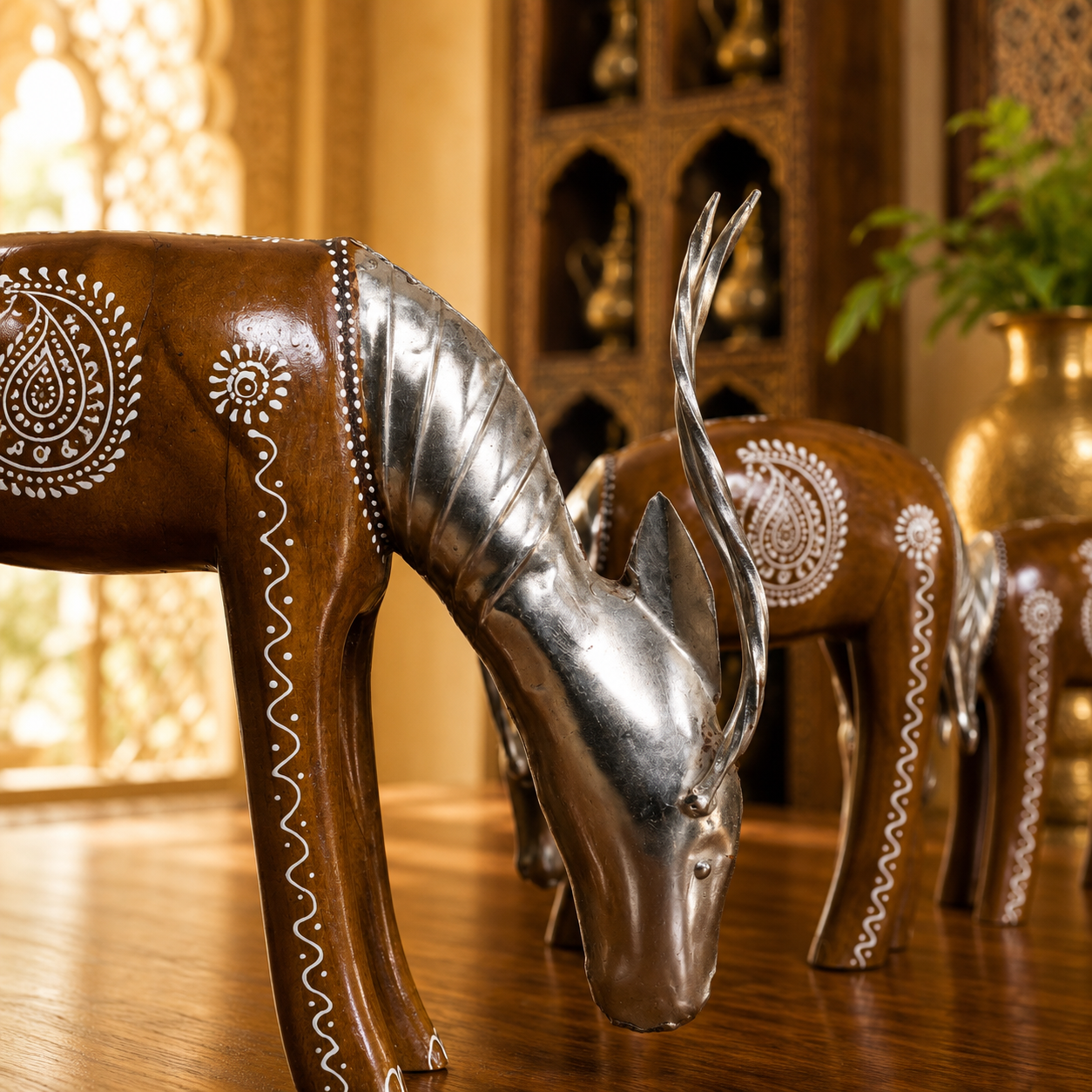 Decorative Handcrafted Deer Figurine Set – Brown Natural  Hand Painted Finish