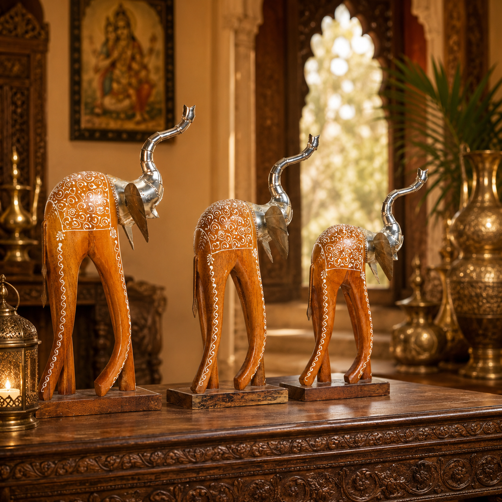 Decorative Handcrafted Elephant Figurine Set – Brown Natural  Hand Painted Finish