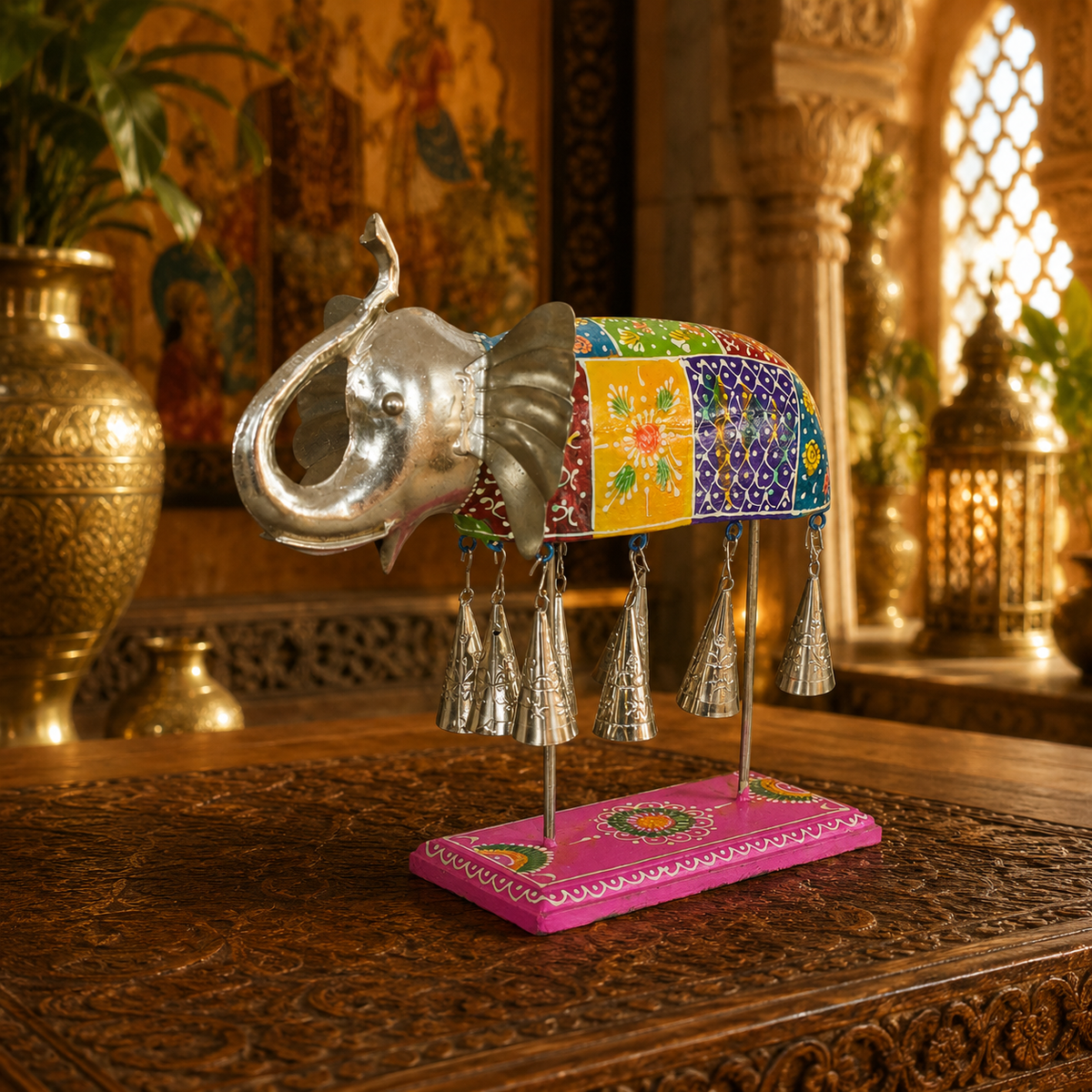 Decorative Handcrafted Elephant Sculpture with Hanging Bells – Multicolor Hand Painted Finish