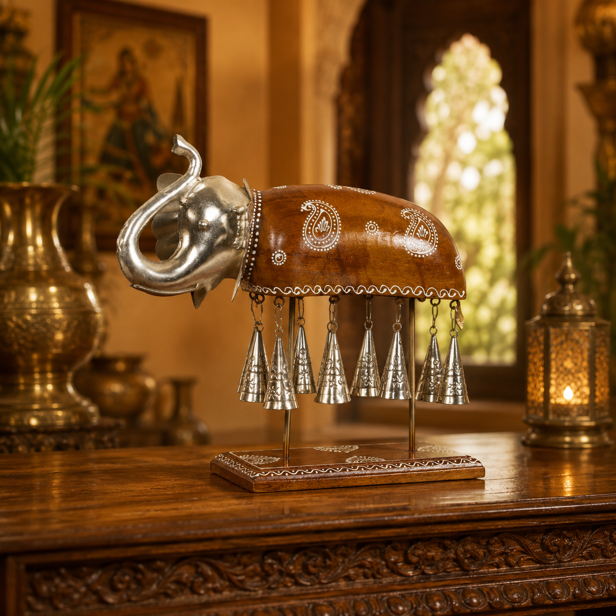 Decorative Handcrafted Elephant Sculpture with Hanging Bells – Brown Natural  Hand Painted Finish
