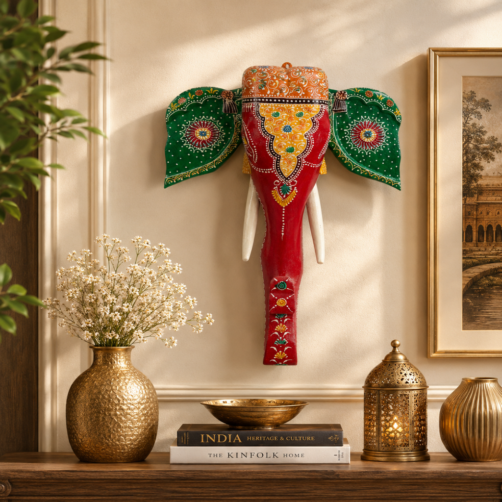 Decorative Handcrafted Elephant Big Head Wall Hanging – Hand Painted Traditional Art