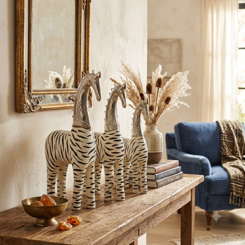 Decorative Handcrafted Zebra Horse Figurine Set – Metal Finish & Hand Painted Art