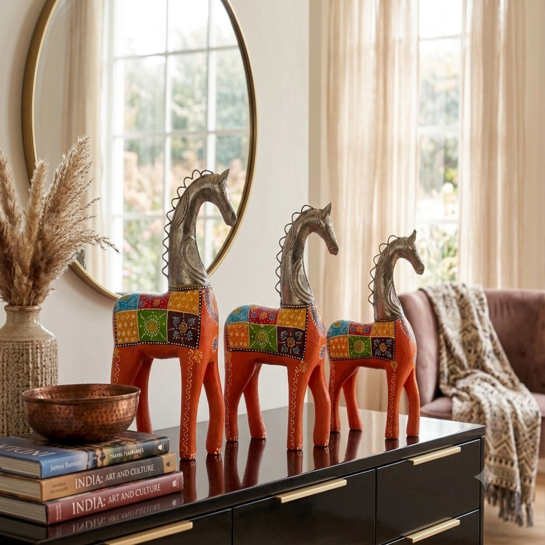 Decorative Handcrafted Horse Figurine Set – Metal Finish & Hand Painted Traditional Art