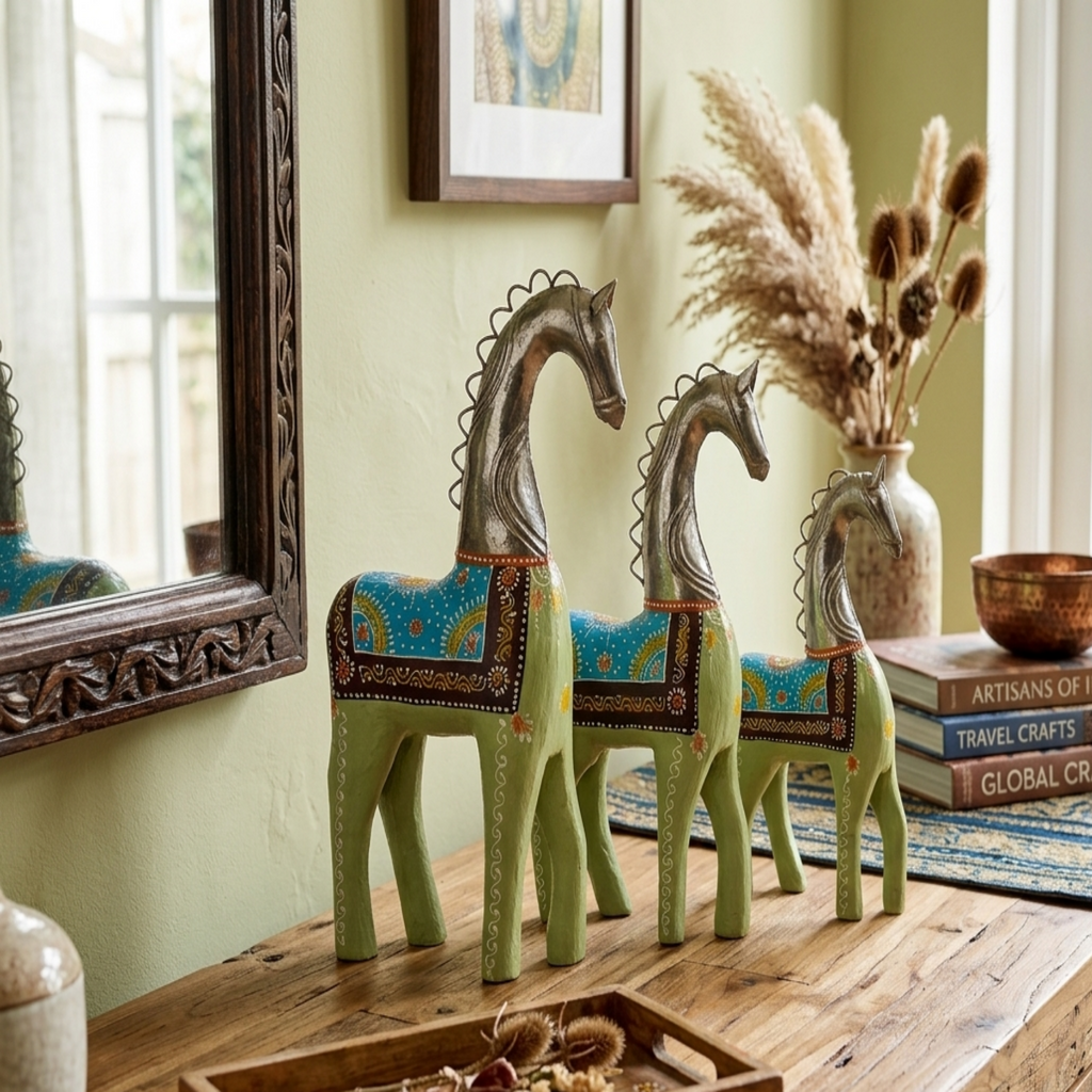 Decorative Handcrafted Horse Figurine Set – Metal Finish & Hand Painted Traditional Art