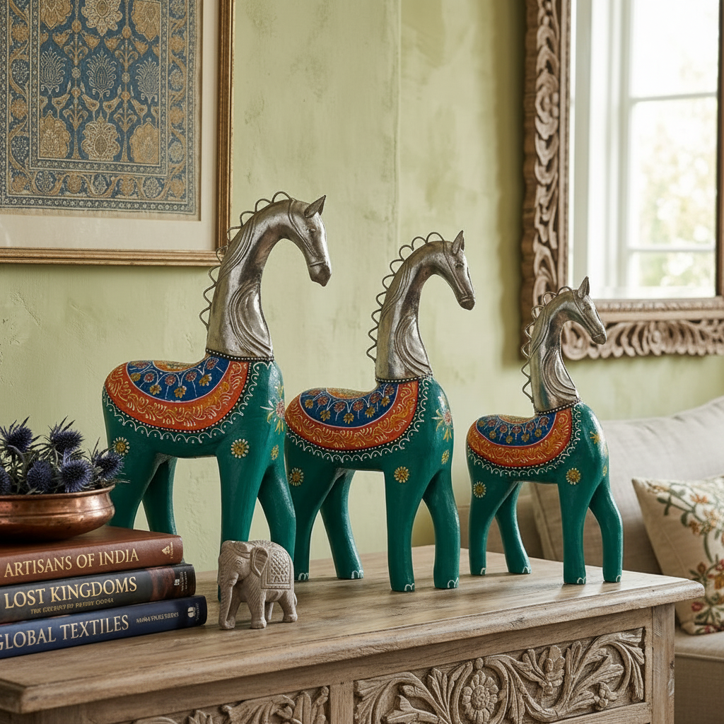 Decorative Handcrafted Horse Figurine Set – Metal Finish & Hand Painted Traditional Art