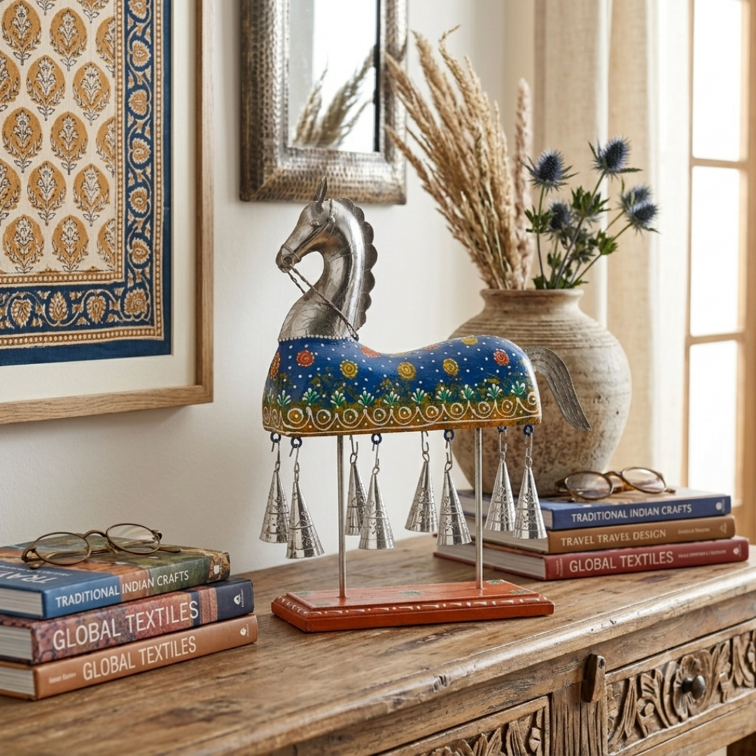 Decorative Handcrafted Horse Figurine with Hanging Bells – Metal Finish & Hand Painted Traditional Art