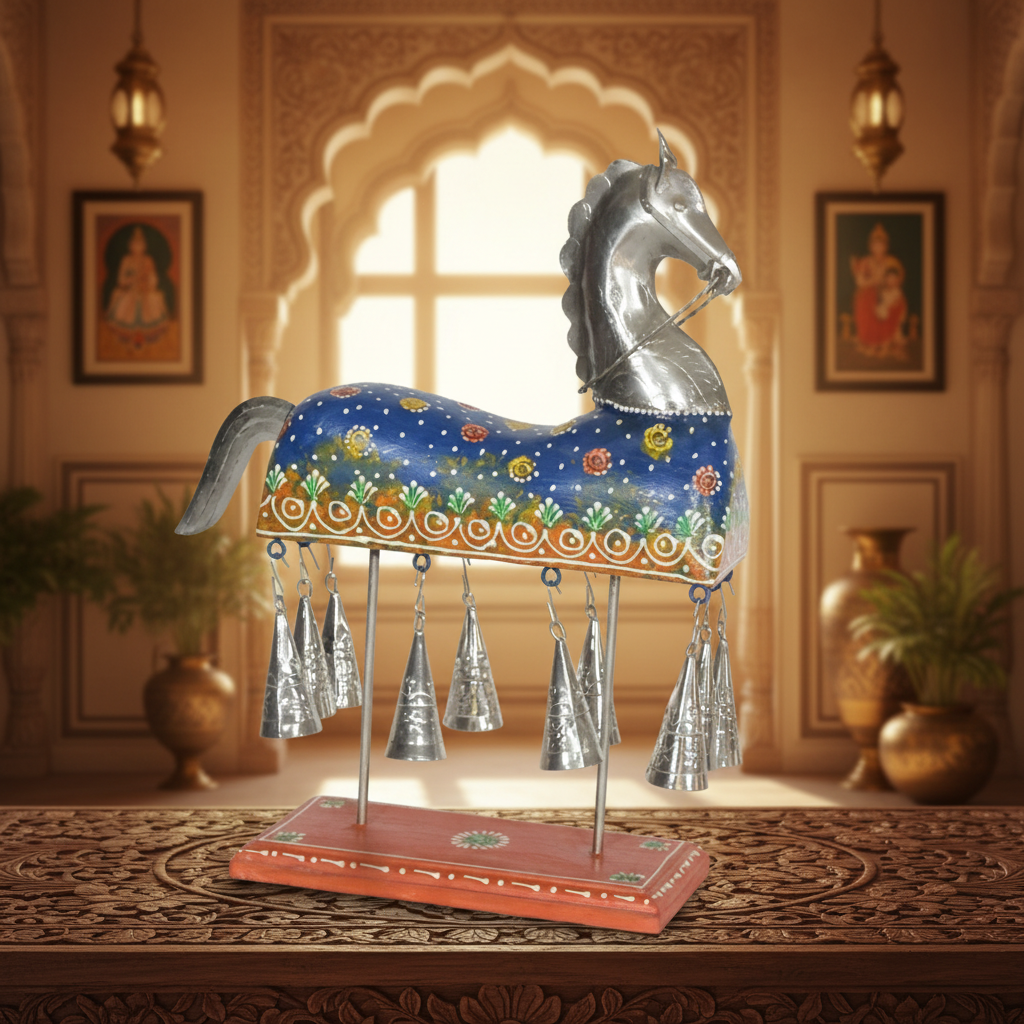 Decorative Handcrafted Horse Figurine with Hanging Bells – Metal Finish & Hand Painted Traditional Art