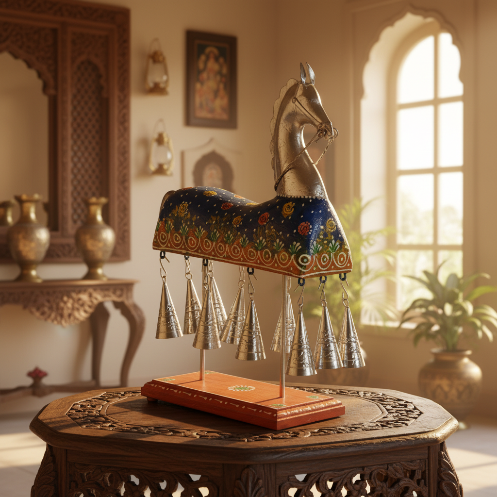 Decorative Handcrafted Horse Figurine with Hanging Bells – Metal Finish & Hand Painted Traditional Art
