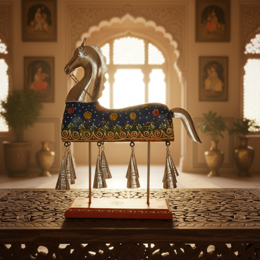 Decorative Handcrafted Horse Figurine with Hanging Bells – Metal Finish & Hand Painted Traditional Art