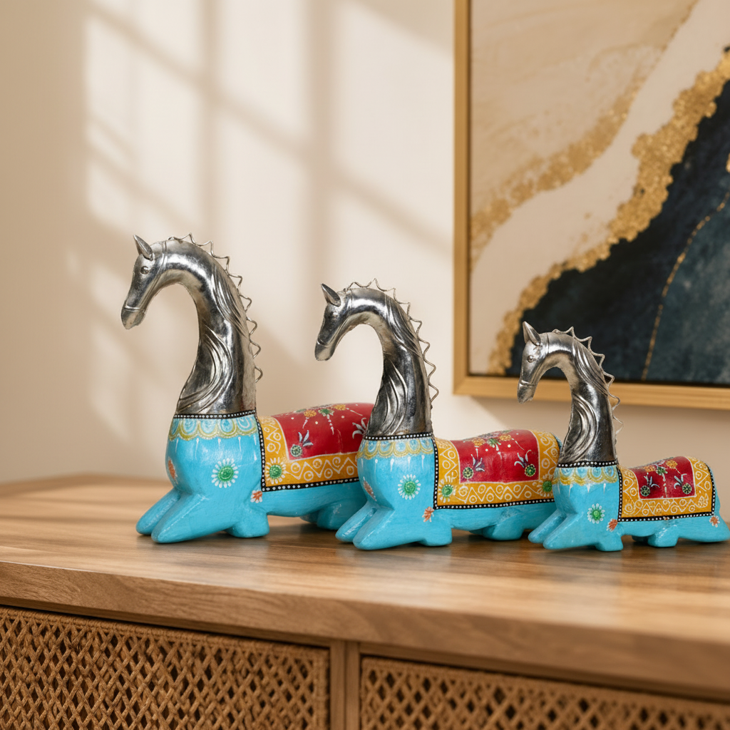 Decorative Handcrafted Horse Figurine Set – Metal Finish & Hand Painted Traditional Art
