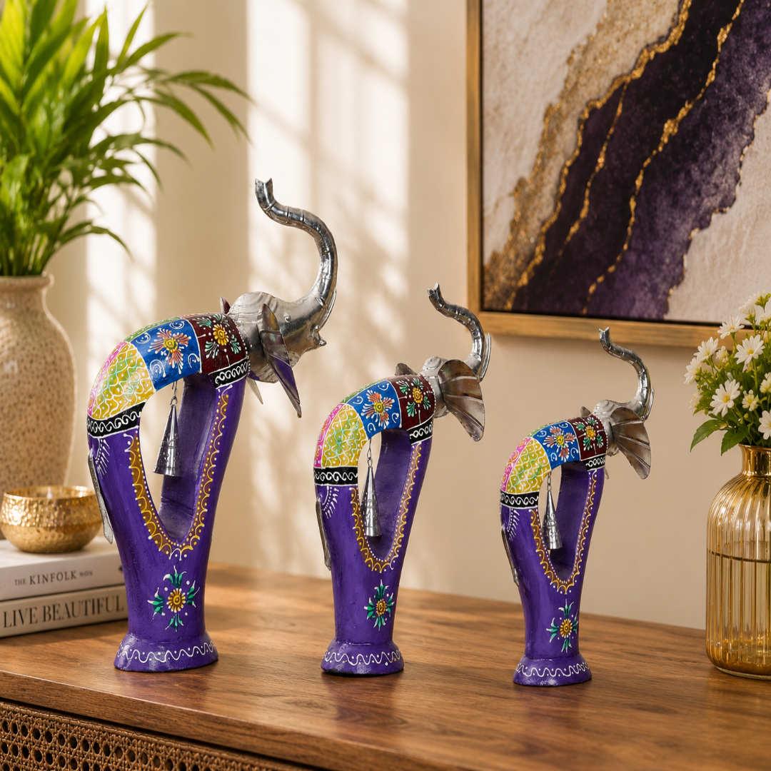 Decorative Handcrafted Elephant Figurine Set with Bell Accent – Metal & Hand Painted Finish
