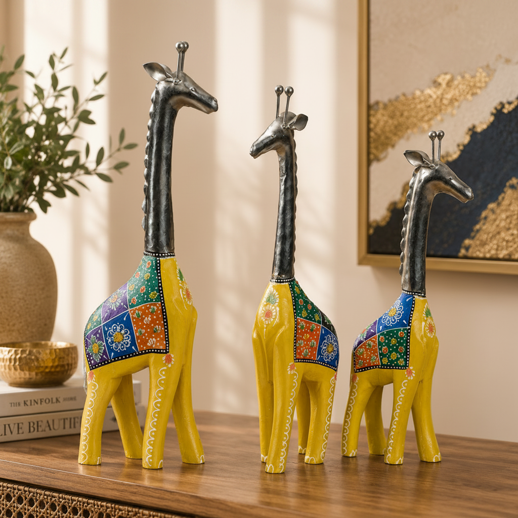 Decorative Handcrafted Giraffe Figurine Set – Metal Finish & Hand Painted Traditional Art