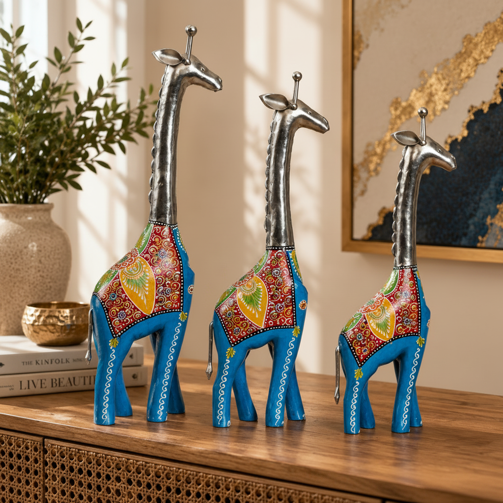 Decorative Handcrafted Giraffe Figurine Set – Metal Finish & Hand Painted Traditional Art