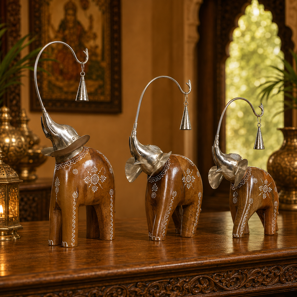 Decorative Handcrafted Elephant Figurine Set – Metal & Hand Painted Finish
