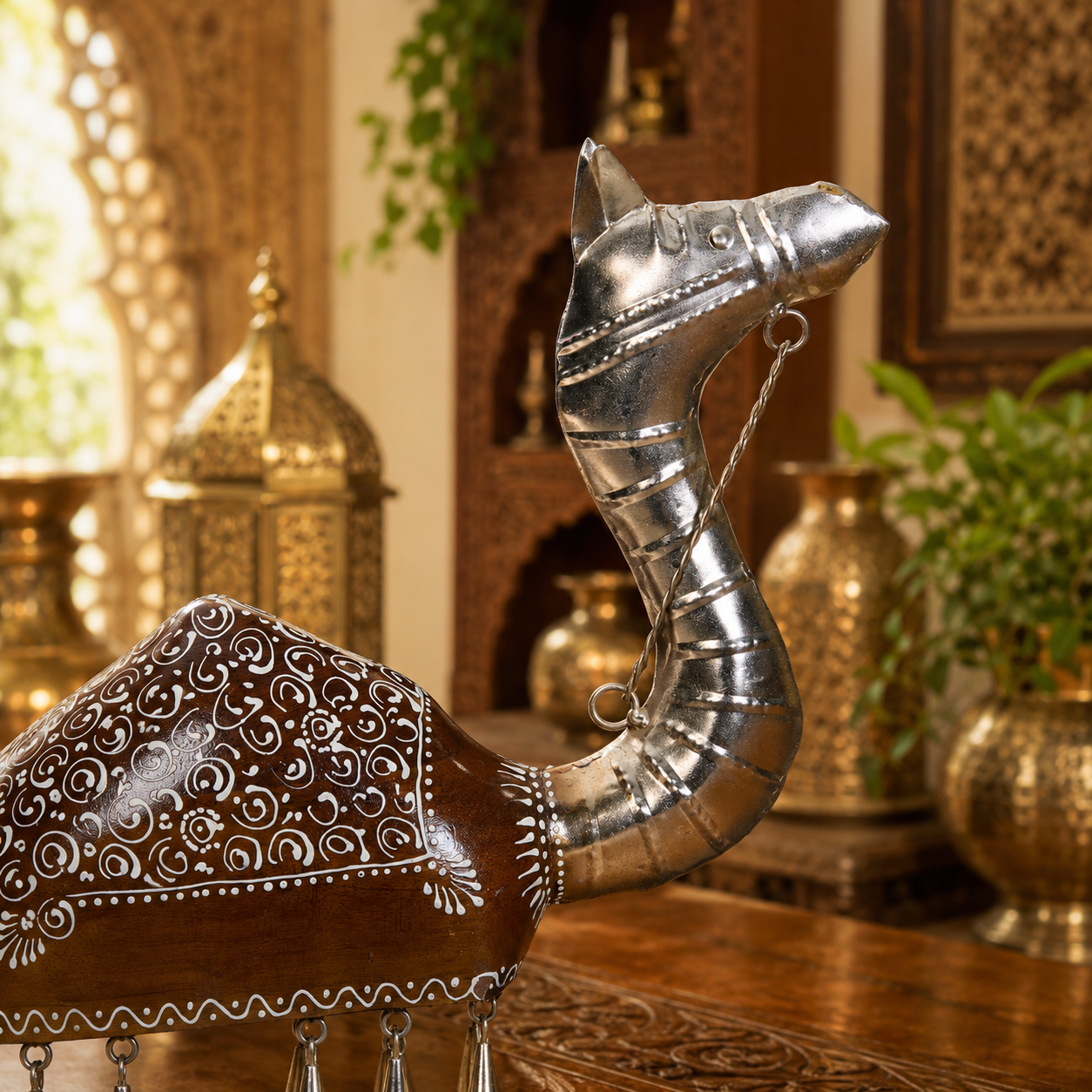 Decorative Handcrafted Camel Sculpture with Hanging Bells – Brown Natural  Hand Painted Finish