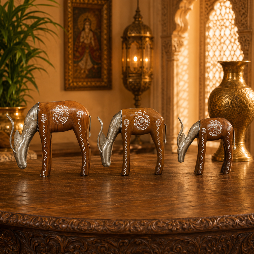 Decorative Handcrafted Deer Figurine Set – Brown Natural  Hand Painted Finish