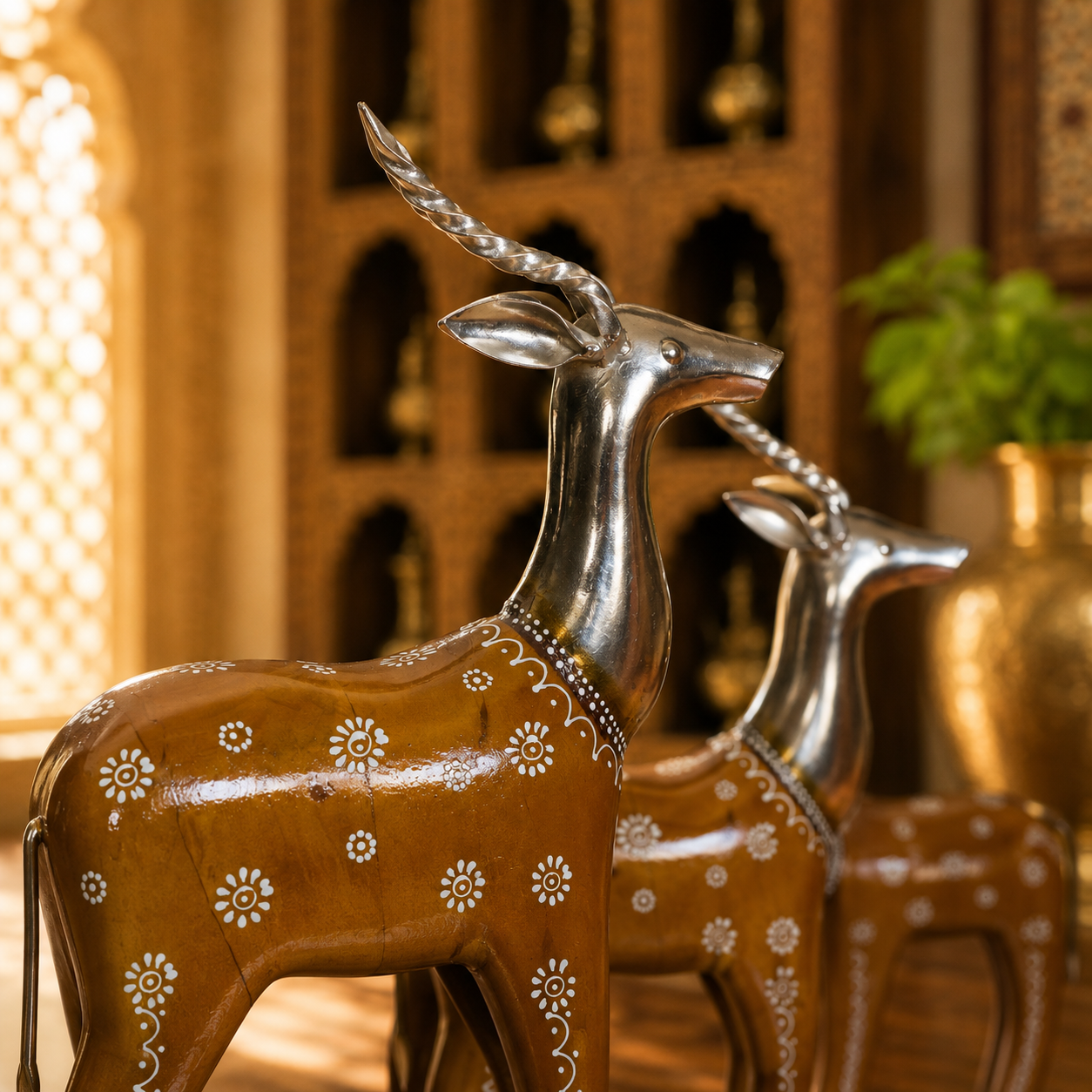 Decorative Handcrafted Deer Figurine Set – Antique Mustard Finish