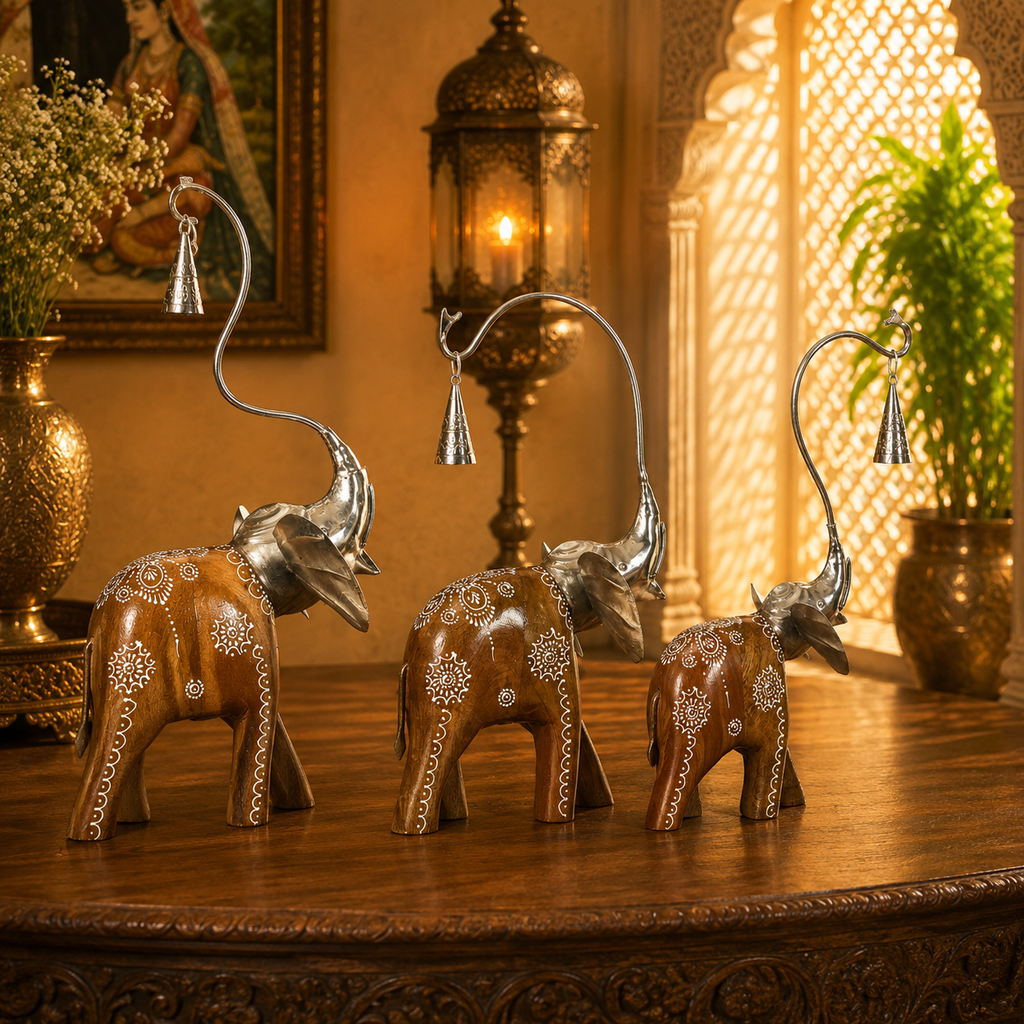 Decorative Handcrafted Elephant Figurine Set – Metal & Hand Painted Finish