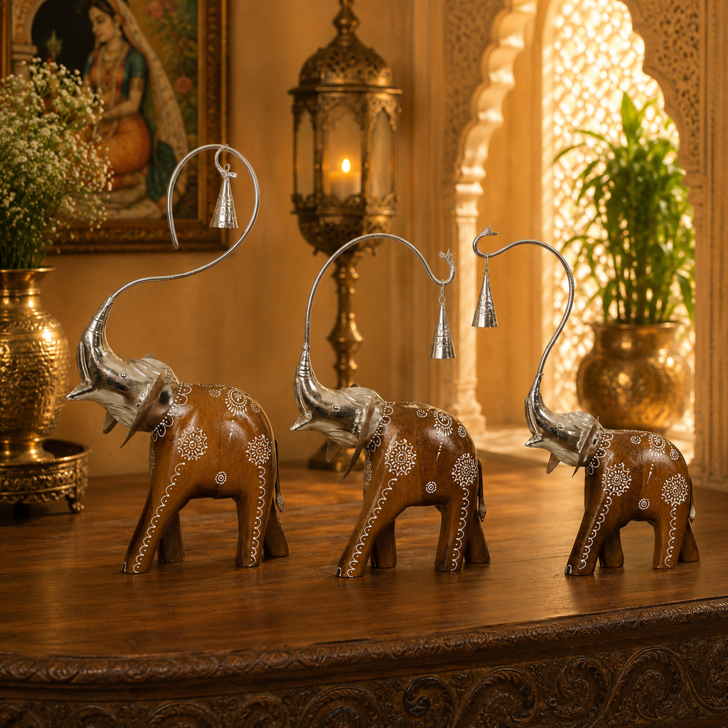 Decorative Handcrafted Elephant Figurine Set – Metal & Hand Painted Finish