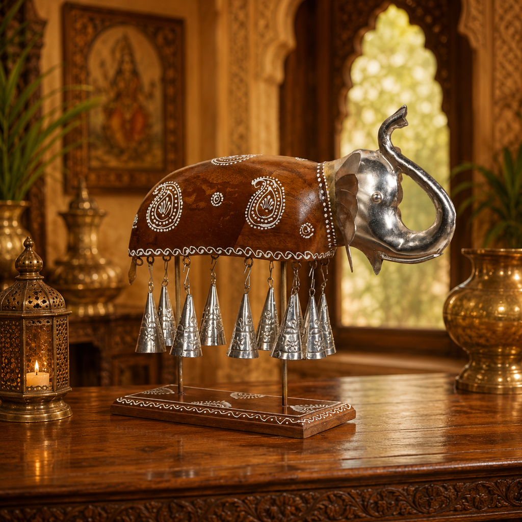 Decorative Handcrafted Elephant Sculpture with Hanging Bells – Brown Natural  Hand Painted Finish