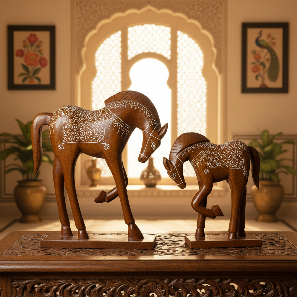 Decorative Handcrafted Wooden Horse Figurine Set – Hand Painted Traditional Art