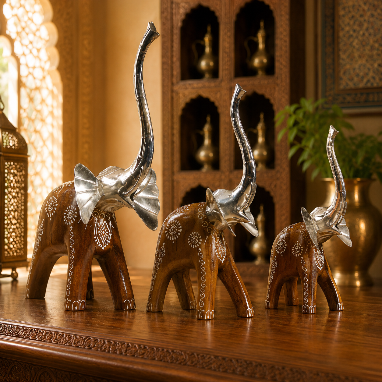 Decorative Handcrafted Elephant Figurine Set – Brown Natural  Hand Painted Finish