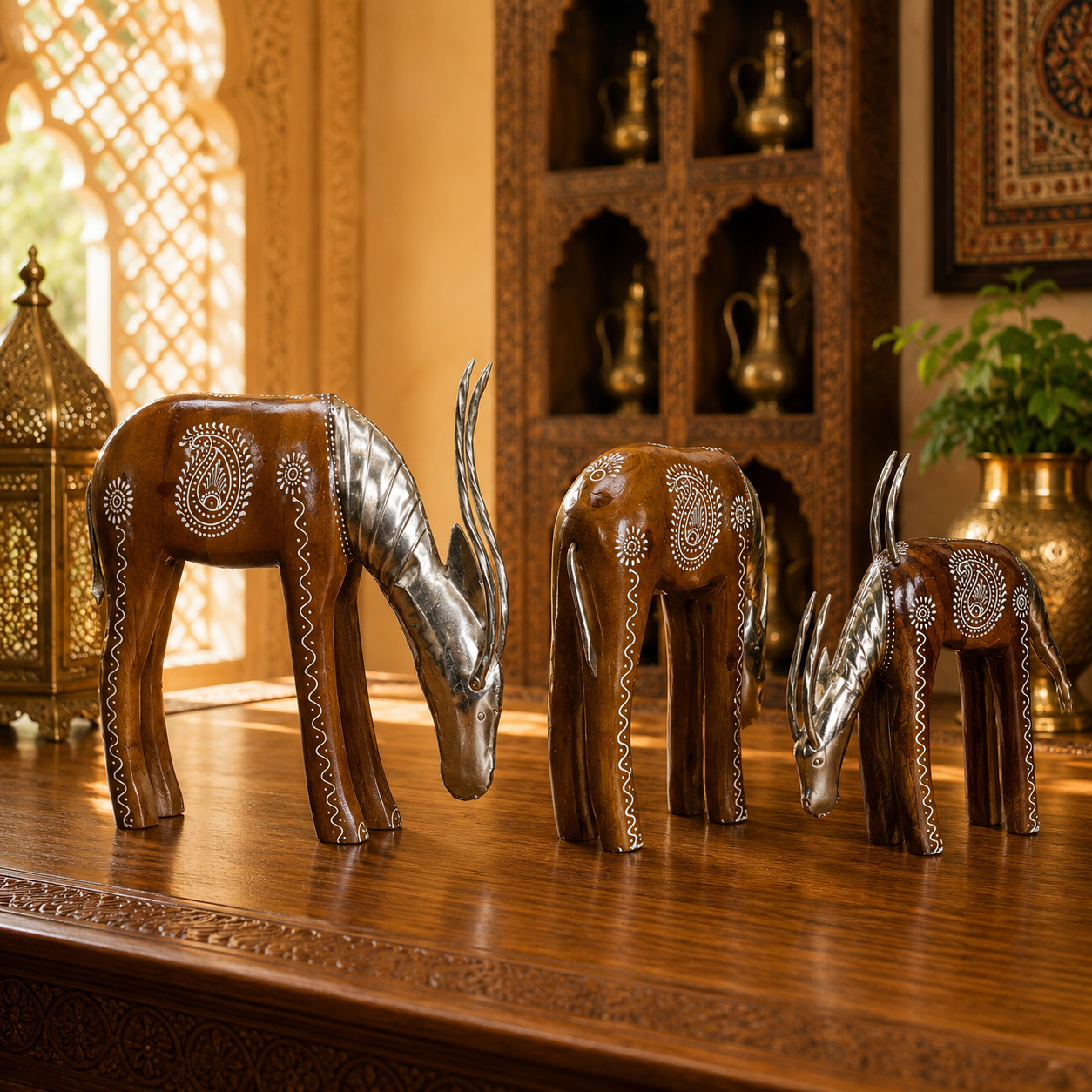 Decorative Handcrafted Deer Figurine Set – Brown Natural  Hand Painted Finish