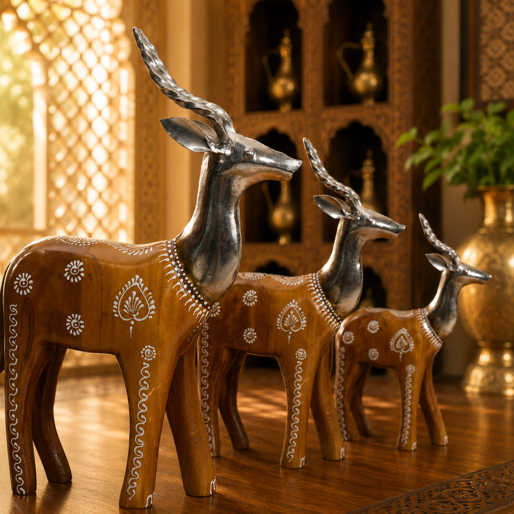 Decorative Handcrafted Deer Figurine Set – Antique Mustard Finish