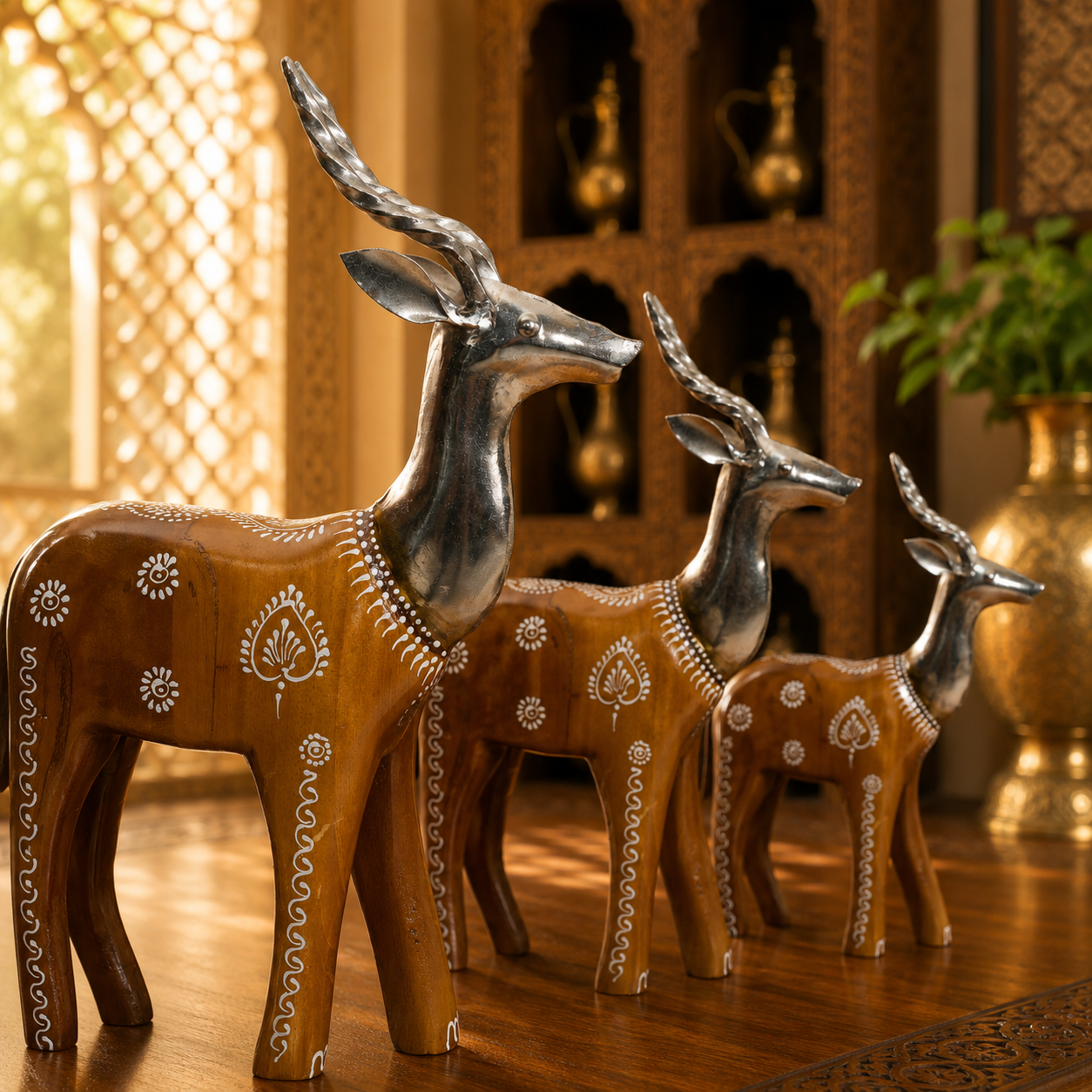 Decorative Handcrafted Deer Figurine Set – Antique Mustard Finish
