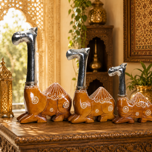Decorative Handcrafted Camel Sculpture Set – Brown Natural  Hand Painted Finish