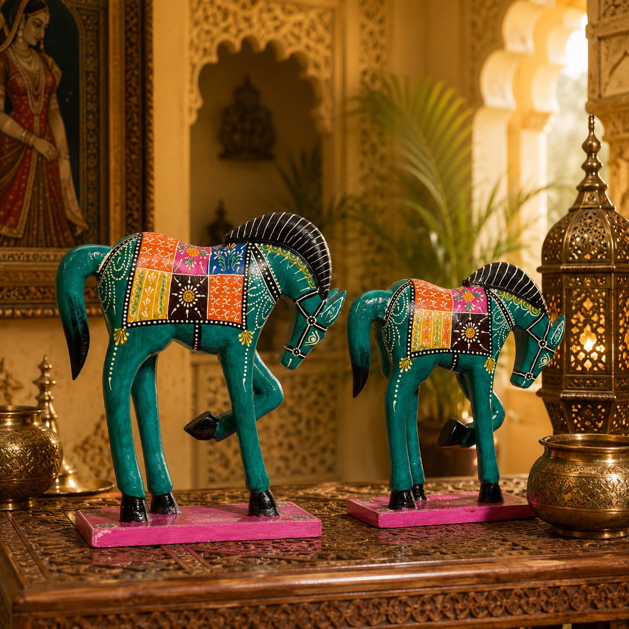 Decorative Handcrafted Wooden Horse Figurine Set – Hand Painted Traditional Art