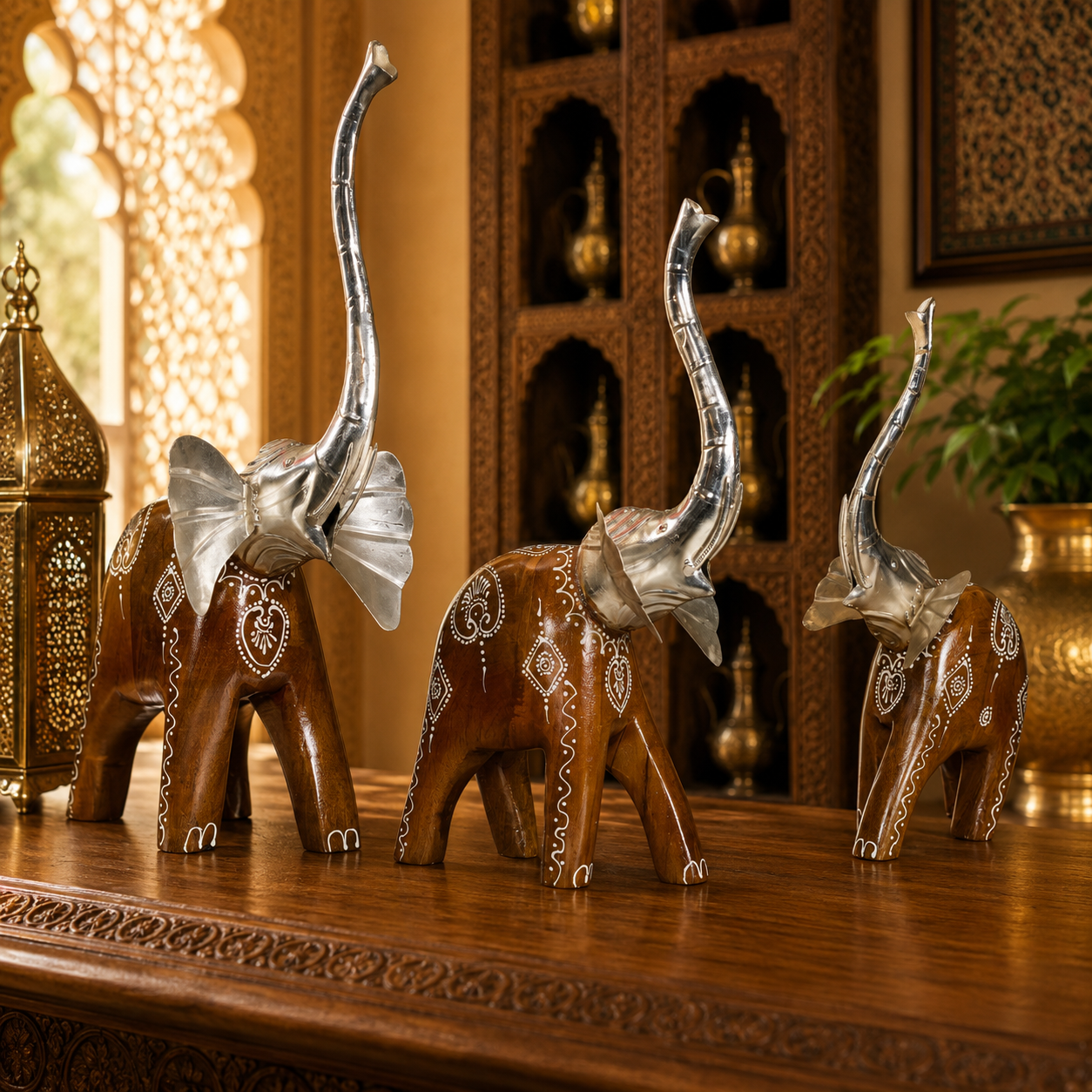 Decorative Handcrafted Elephant Figurine Set – Brown Natural  Hand Painted Finish