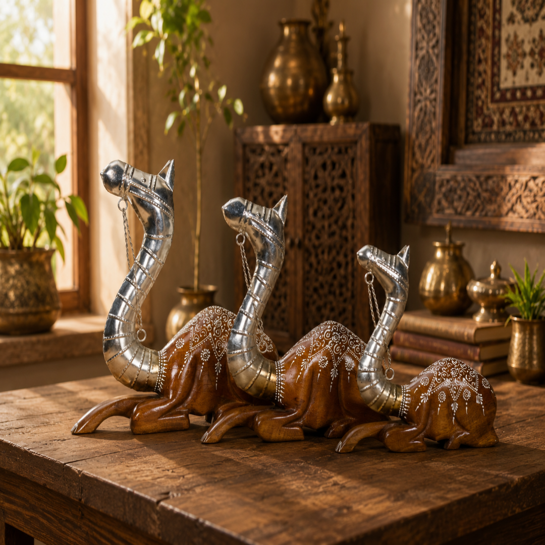 Decorative Handcrafted Camel Sculpture Set – Brown Natural  Hand Painted Finish