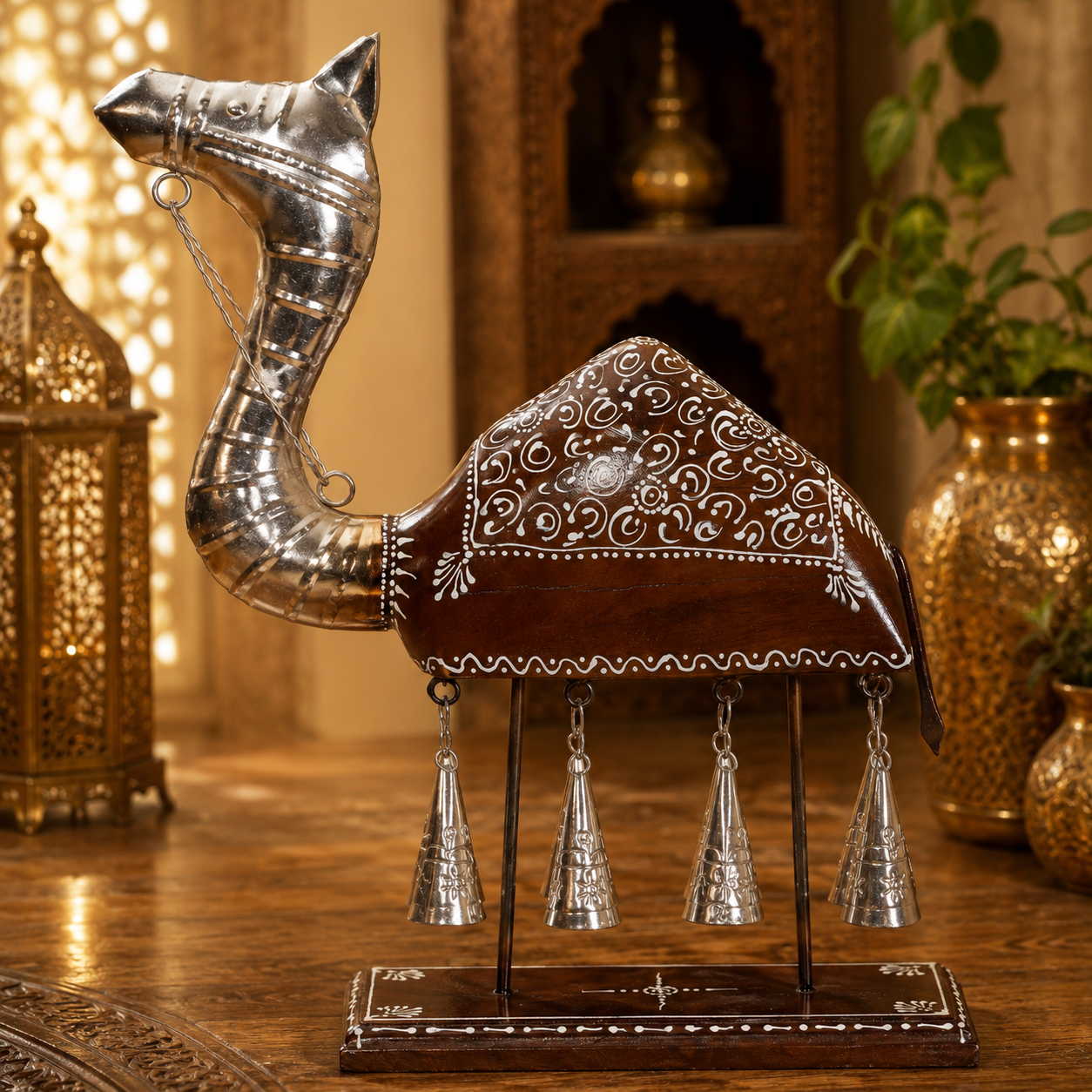 Decorative Handcrafted Camel Sculpture with Hanging Bells – Brown Natural  Hand Painted Finish