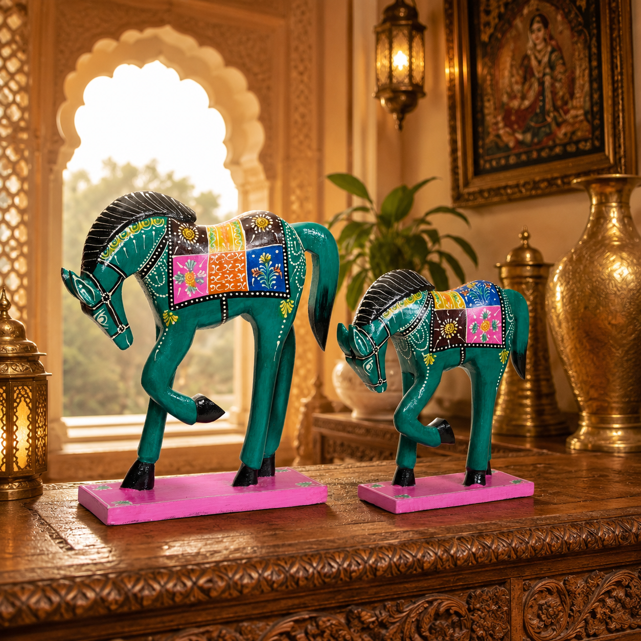 Decorative Handcrafted Wooden Horse Figurine Set – Hand Painted Traditional Art