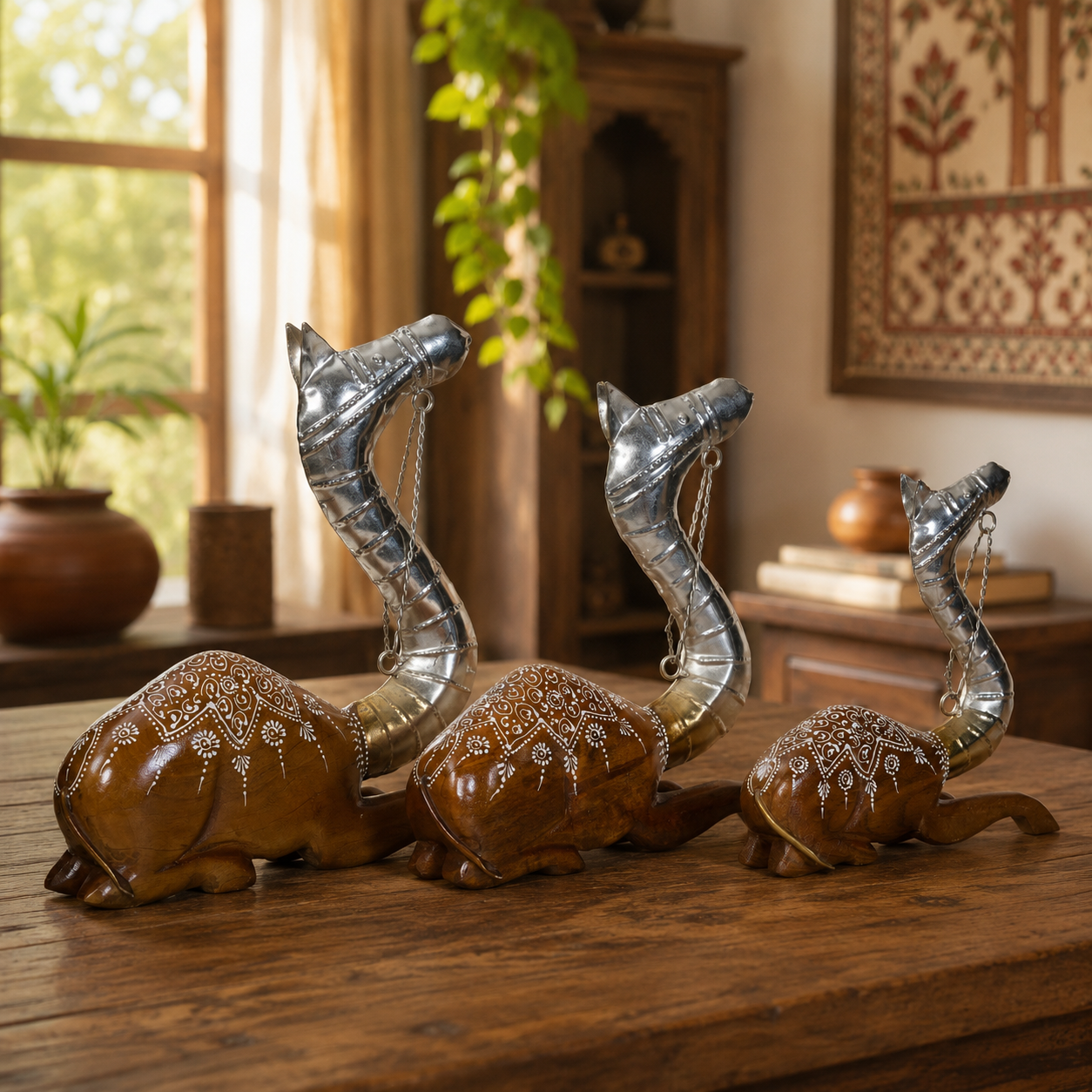 Decorative Handcrafted Camel Sculpture Set – Brown Natural  Hand Painted Finish