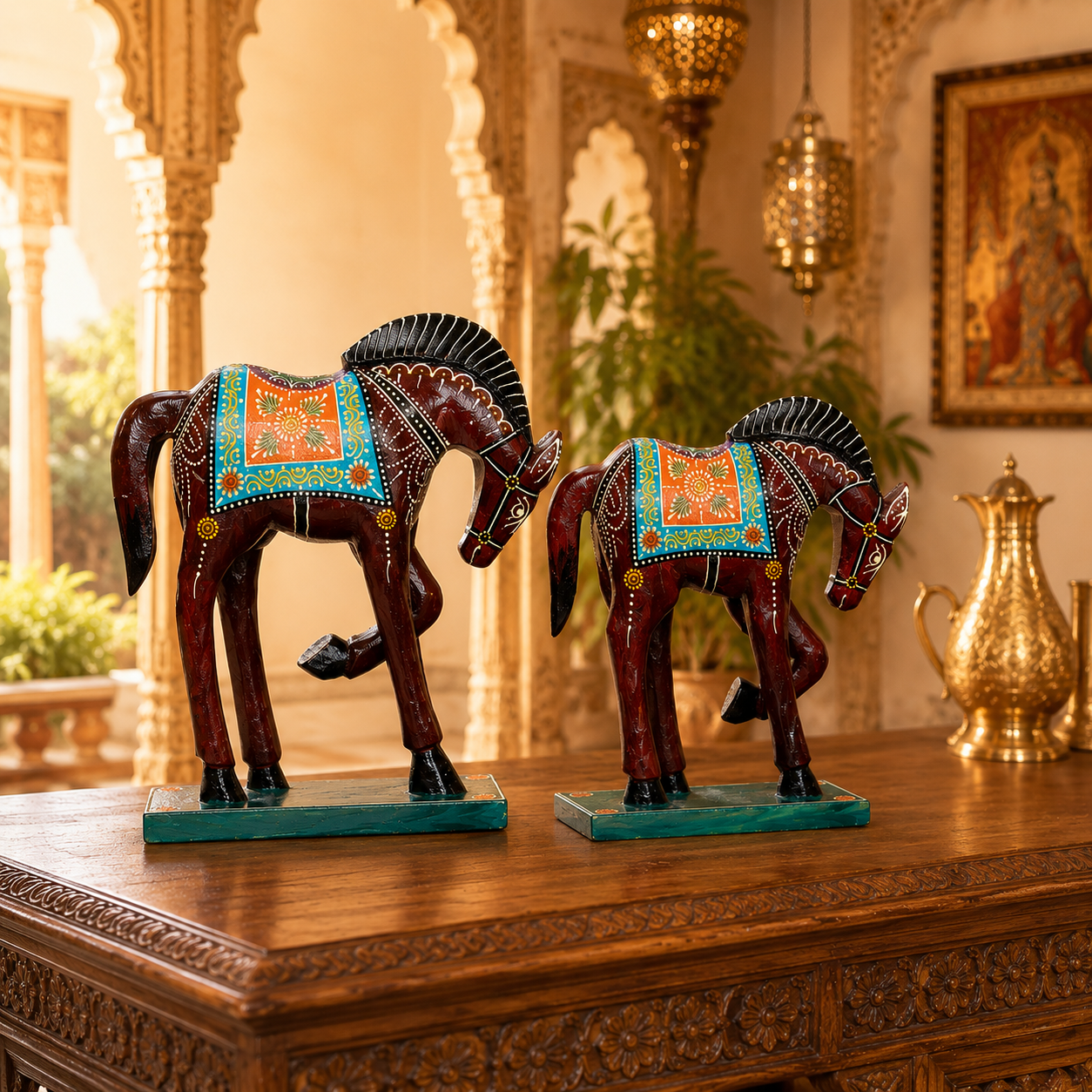 Decorative Handcrafted Wooden Horse Figurine Set – Hand Painted Traditional Art