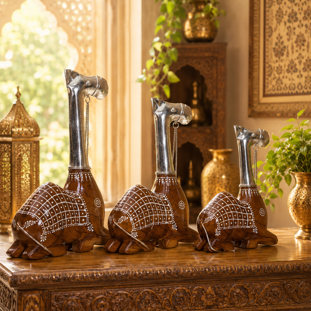 Decorative Handcrafted Camel Sculpture Set – Brown Natural  Hand Painted Finish