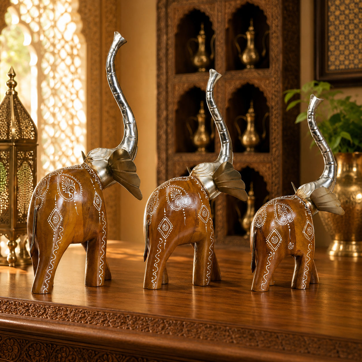 Decorative Handcrafted Elephant Figurine Set – Brown Natural  Hand Painted Finish