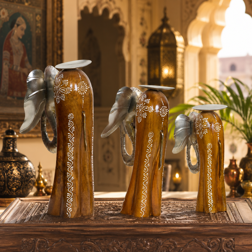 Decorative Handcrafted Elephant Candle Holder Set – Metal & Hand Painted Finish