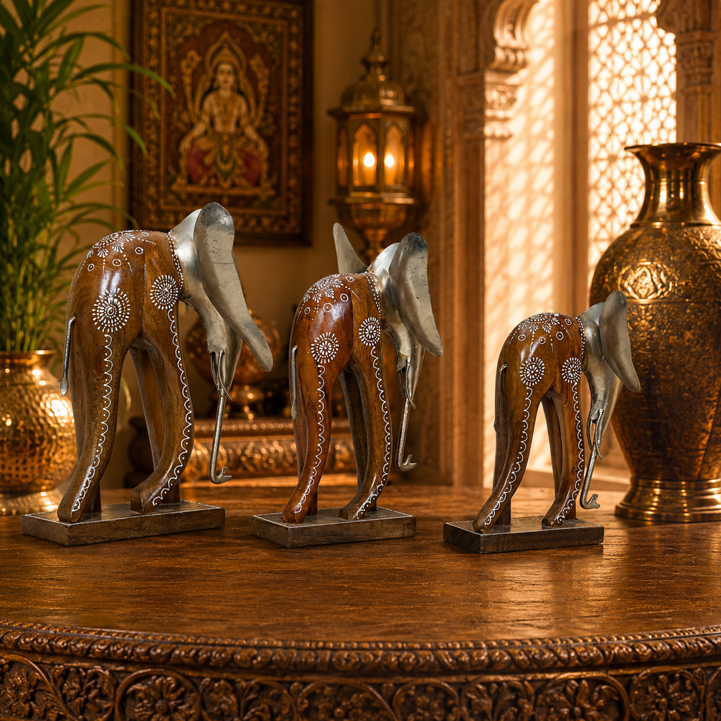 Decorative Handcrafted Elephant Figurine Set – Metal Finish & Hand Painted Traditional Art