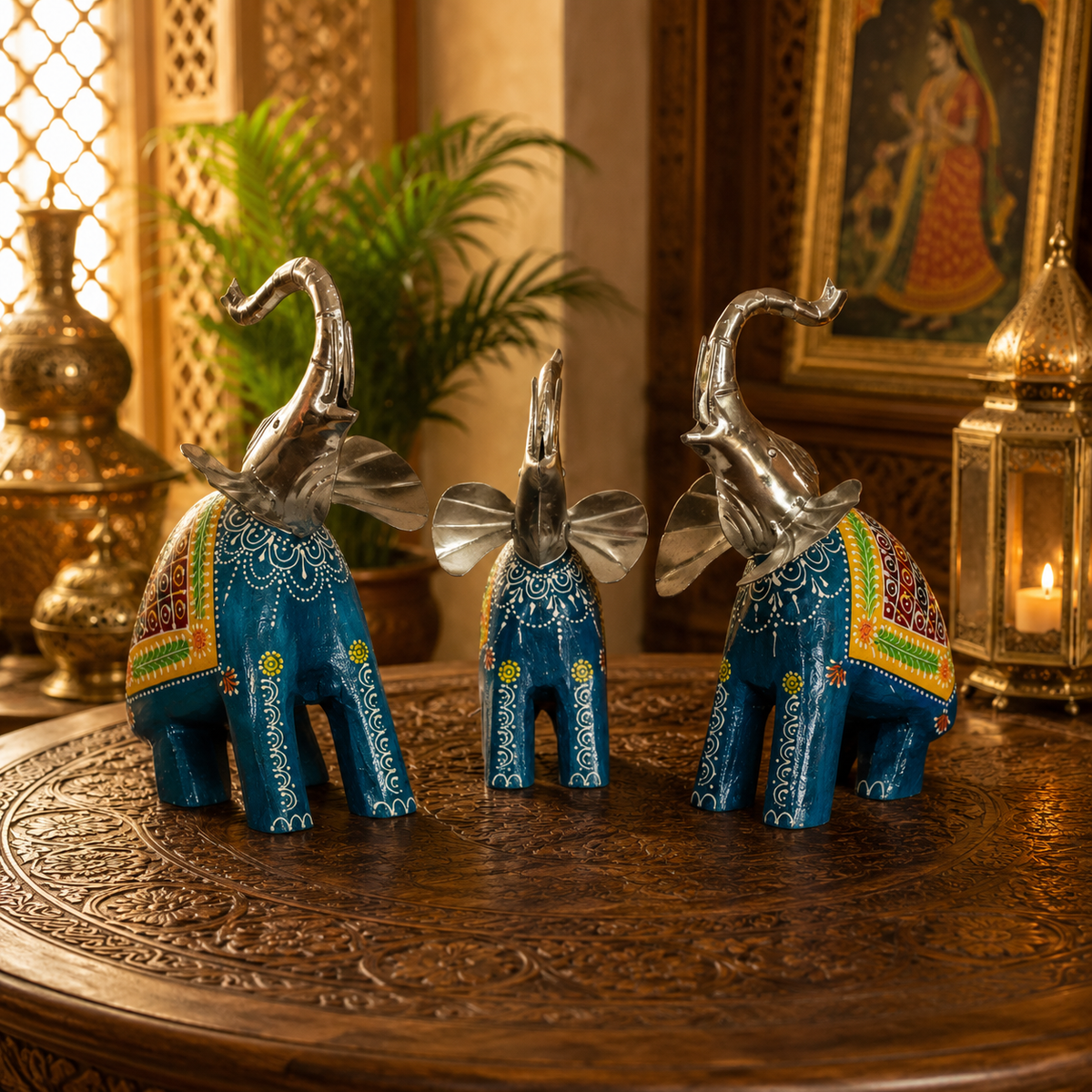Decorative Handcrafted Elephant Figurine Set – Metal & Hand Painted Finish