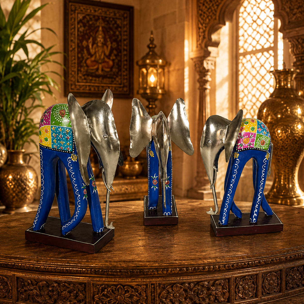 Decorative Handcrafted Elephant Figurine Set – Metal Finish & Hand Painted Traditional Art