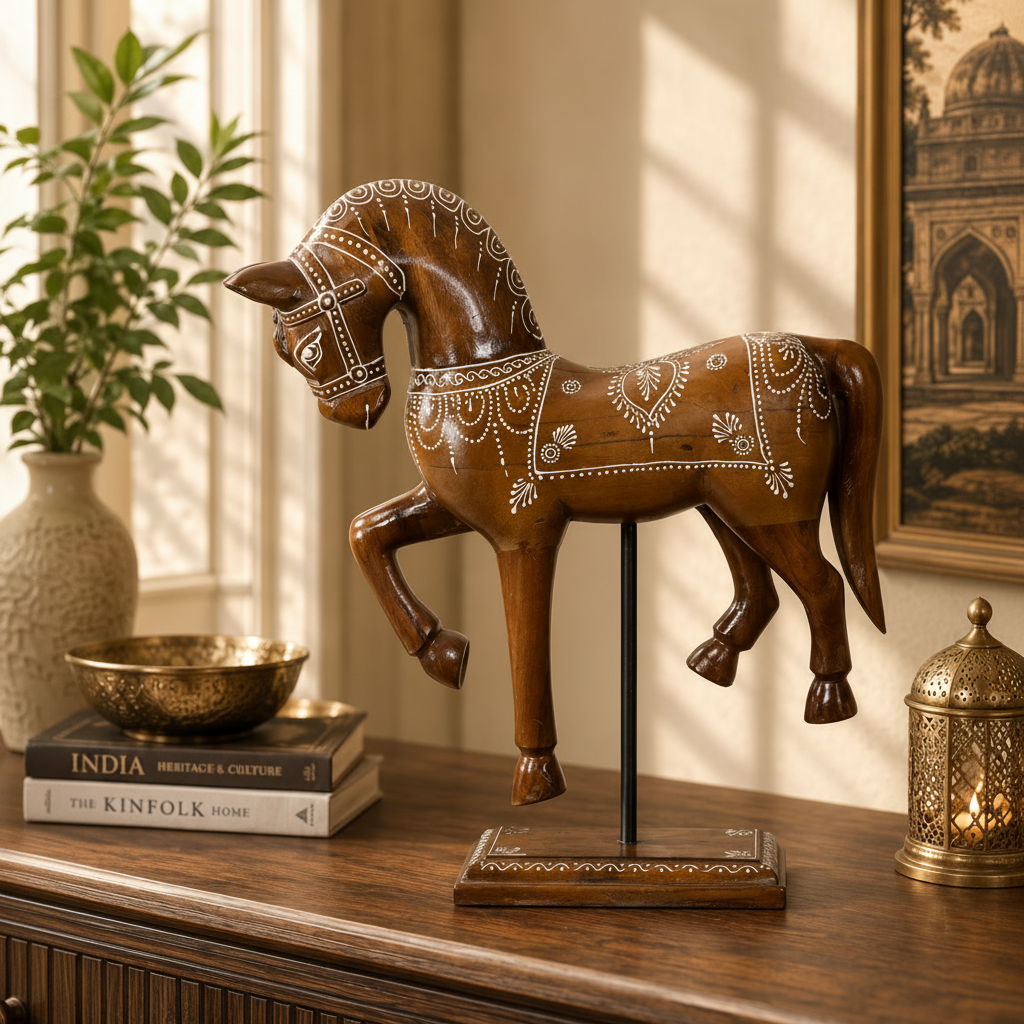 Decorative Handcrafted Standing Horse Figurine – Traditional Hand Painted Wooden Art