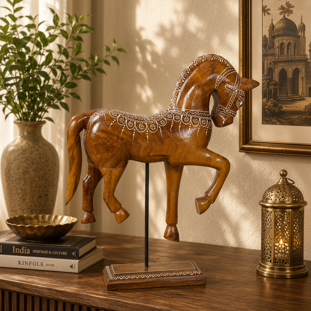 Decorative Handcrafted Standing Horse Figurine – Traditional Hand Painted Wooden Art