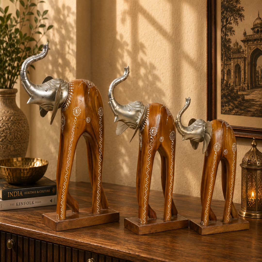 Decorative Handcrafted Elephant Figurine Set – Brown Natural  Hand Painted Finish