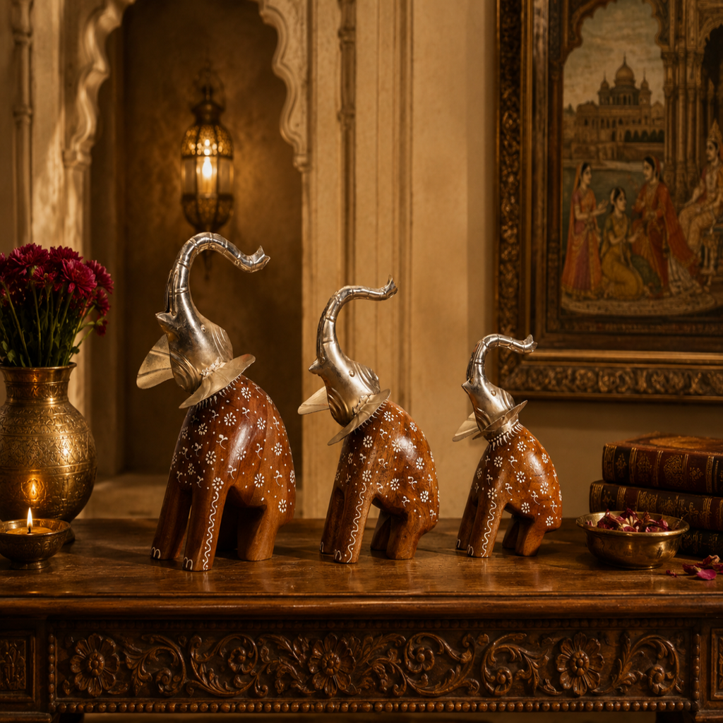 Decorative Handcrafted Elephant Figurine Set – Metal & Hand Painted Finish