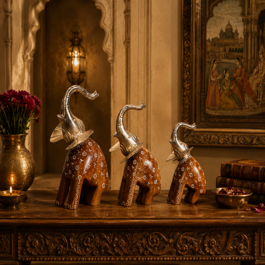 Decorative Handcrafted Elephant Figurine Set – Metal & Hand Painted Finish