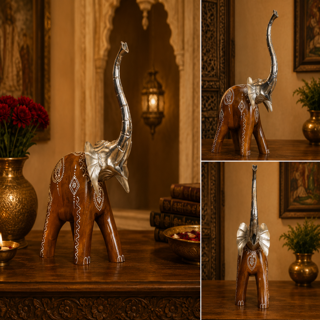 Decorative Handcrafted Elephant Figurine Set – Brown Natural  Hand Painted Finish